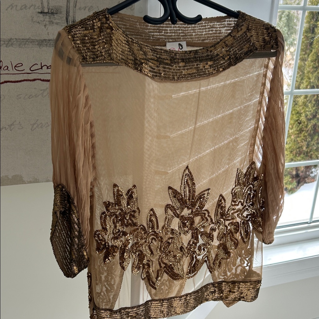 Parker Caramel Gold Sequin Sheer Blouse M Lux +++